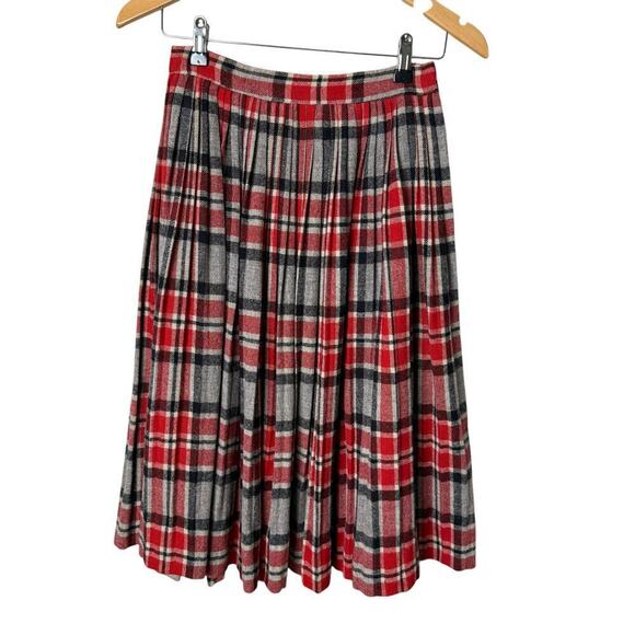 Vintage 70s Wool Pleated Skirt Red Gray Plaid Tartan‎ High Waist, Size Small - Picture 1 of 10